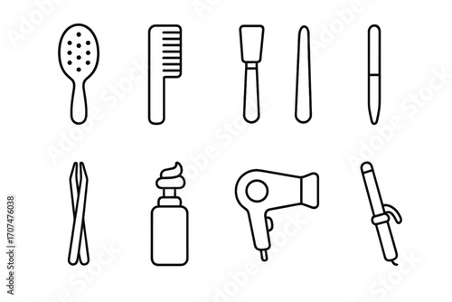 Grooming Icons Grid. Outline icon set of Personal grooming items: hairbrush, comb, razor, nail file, tweezers,