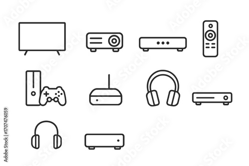 Home Entertainment Icons. Outline icon set of Home entertainment devices: TV, projector, soundbar, remote
