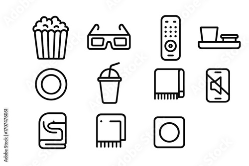Movie Night Essentials. Outline icon set of Movie watching accessories: popcorn, 3D glasses, remote control,