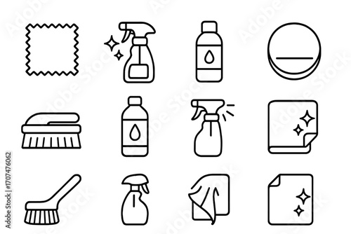 Mirror Cleaning Icons. Outline icon set of Mirror cleaning items: microfiber cloth, glass cleaner, anti-fog