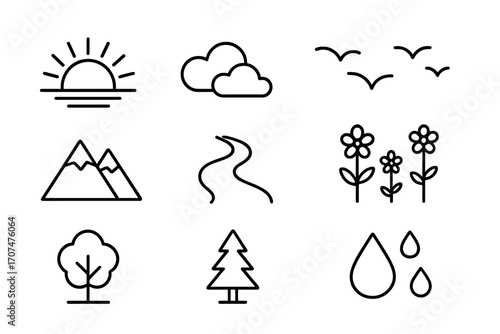 Nature Icon Set. Outline icon set of Nature inspiration: sunrise, clouds, birds, mountains, flowing river,