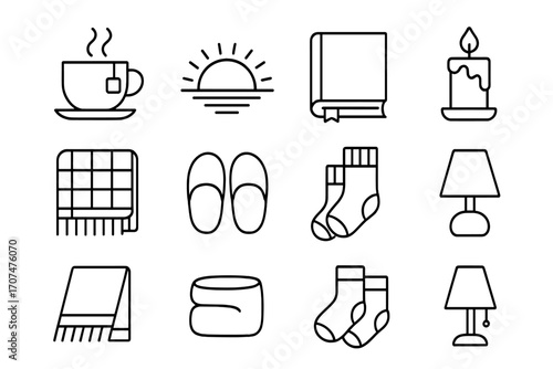Cozy Evening Icons. Outline icon set of Evening unwinding: cup of tea, sunset, book, candle, cozy blanket,