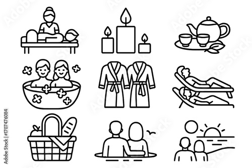 Couple Wellness Icons. Outline icon set of Wellness retreats for couples: couple massage, candlelight, tea set