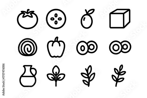 Mediterranean Salad Icons. Outline icon set of Mediterranean salad: tomatoes, cucumber, olives, feta cheese,