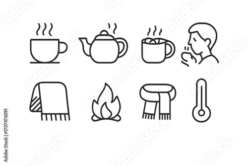 Cozy Hot Drink Icons. Outline icon set of Hot drinks and warming up: steaming cup, teapot, hot chocolate,