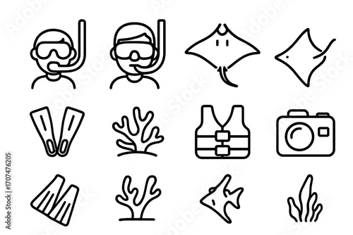 Snorkeling Trip Icons. Outline icon set of Family snorkeling trip: child with mask, adult with snorkel, manta