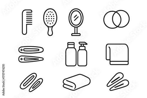 Grooming Essentials Icons. Outline icon set of Daily grooming: comb, brush, mirror, hair ties, hair clips,