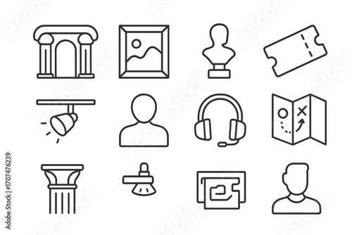 Museum Icon Set. Outline icon set of Museum gallery: column arch, framed artwork, sculpture pedestal, ticket