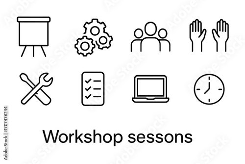 Workshop Icon Set. Outline icon set of Workshop sessions: flipchart, gears, group of people, hands raised,