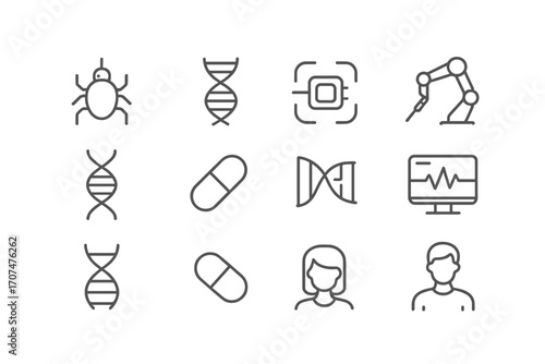 Future Medicine Icons. Outline icon set of Future medicine: nanobots, genetic code, implant chip, robotic