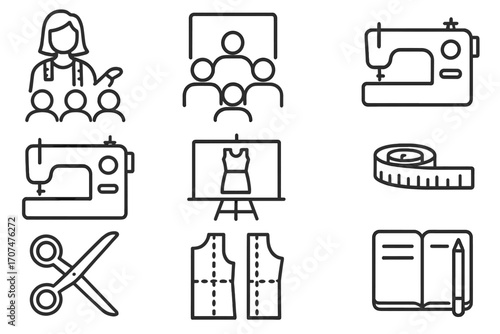 Sewing Class Icons. Outline icon set of Sewing classes: instructor, students, sewing machines, chalkboard,