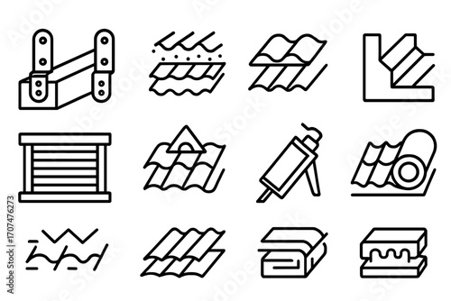 Weatherproof Roofing Icons. Outline icon set of Weatherproof roofing: storm straps, waterproof membrane, ridge