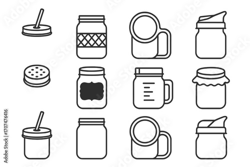 Jar Accessories Icons. Outline icon set of Jar accessories: straw lid, silicone sleeve, handle ring, pouring