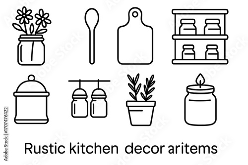 Rustic Kitchen Icons. Outline icon set of Rustic kitchen decor: mason jar vase, wooden spoon, cutting board,