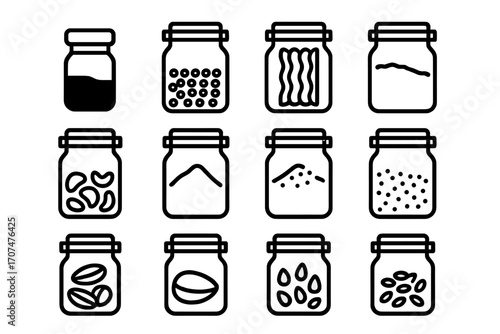 Pantry Icons Grid. Outline icon set of Pantry organization: spice jar, grain jar, pasta jar, cereal jar, flour