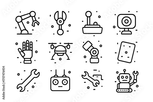 Robotics Icon Set. Outline icon set of robotics in zero gravity: robotic arm, gripper tool, control joystick,