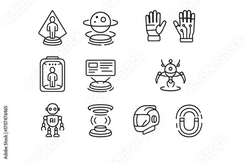 Futuristic Lab Icons. Outline icon set of futuristic zero gravity labs: hologram, levitating sphere, digital