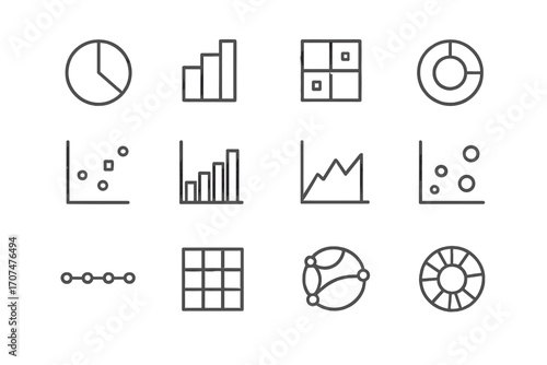 Data Visualization Icons. Outline icon set of data visualization: pie chart, stacked bar, heatmap, donut chart