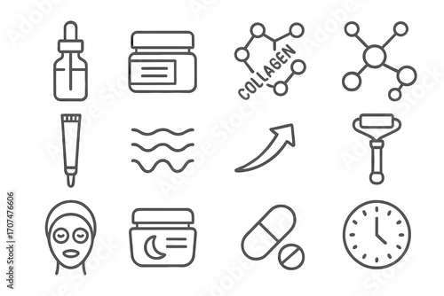 Anti-Aging Skincare Icons. Outline icon set of anti-aging skincare: serum bottle, retinol jar, collagen icon,