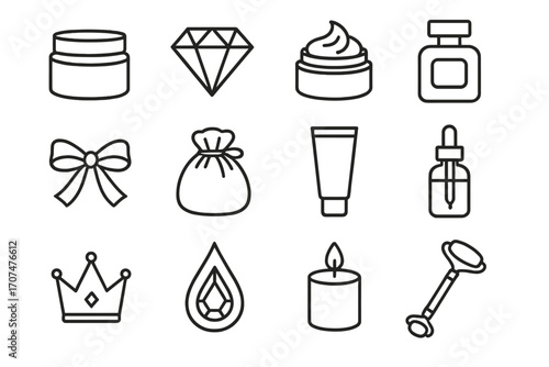 Luxury Skincare Icons. Outline icon set of luxury skincare: gold jar, diamond icon, premium cream, perfume