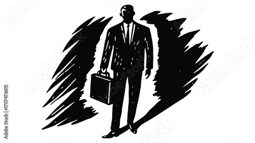 Illustration of business suit man with briefcase walking in black and white style vector artwork design | editable eps