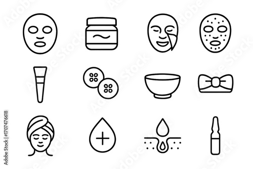 Facial Mask Icon Set. Outline icon set of facial masks: sheet mask, clay mask jar, peel-off mask, gel mask,