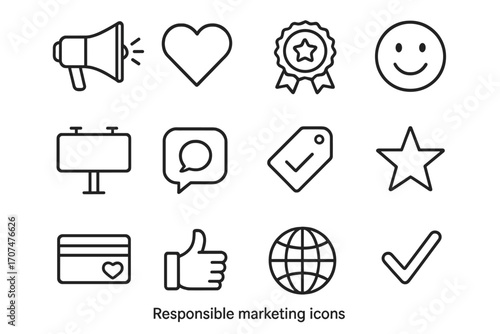 Responsible Marketing Icons. Outline icon set of responsible marketing: megaphone, heart icon, star badge,
