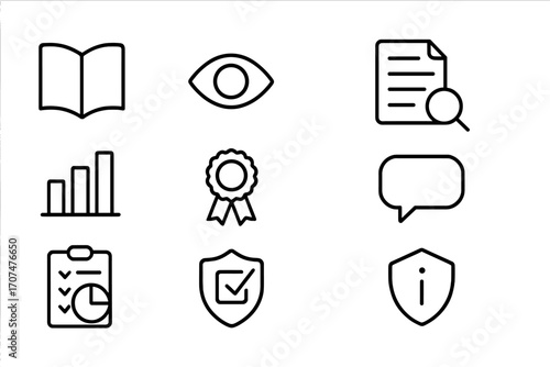 Icon Transparency Set. Outline icon set of transparency: open book, eye icon, document page, magnifying glass,