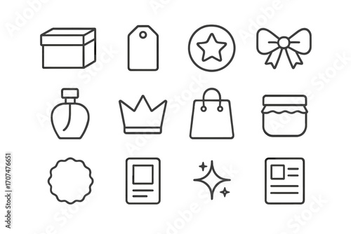Cosmetic Branding Icons. Outline icon set of cosmetic branding: product box, logo tag, star badge, ribbon bow,