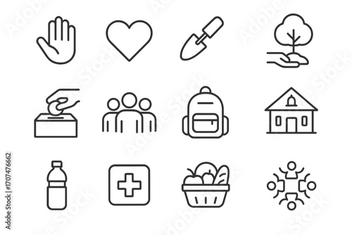 Corporate Volunteering Icons. Outline icon set of corporate volunteering: helping hand, heart icon, shovel,