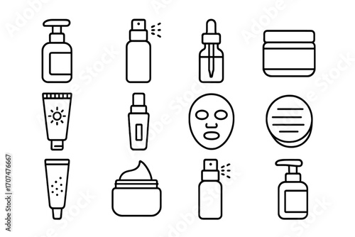 Skincare Icons Grid. Outline icon set of skincare routine: cleanser, toner spray, serum, cream jar, sunscreen