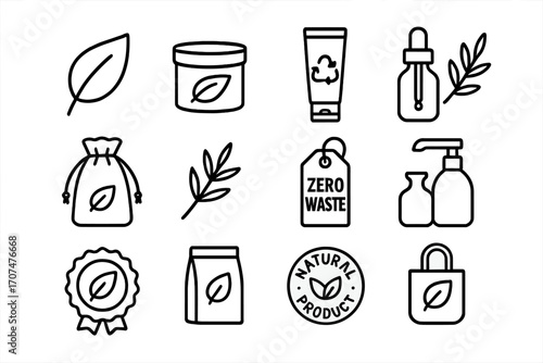 Eco Beauty Icons. Outline icon set of eco beauty products: leaf icon, bamboo jar, recyclable tube, glass