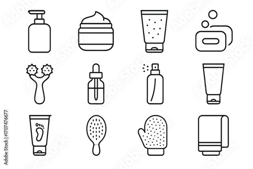 Body Care Icons. Outline icon set of body care products: lotion bottle, body cream jar, scrub tube, soap bar,