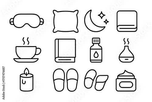 Bedtime Self-Care Icons. Outline icon set of bedtime self-care: sleeping mask, pillow, moon, stars, blanket,