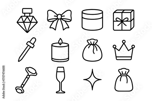 Luxury Self-Care Icons. Outline icon set of luxury self-care presents: diamond perfume, silk ribbon, premium