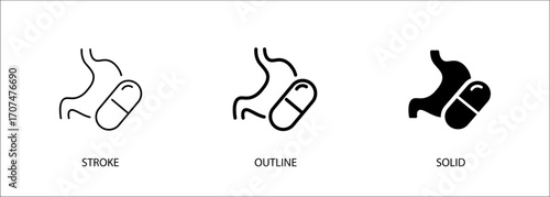 Stomach icon with pills for medical health, digestive system, pharmacy. Vector stroke, outline and solid icon. Eps10 file.