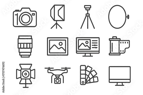 Photography Tools Icons. Outline icon set of beauty photography tools: DSLR camera, softbox light, tripod,