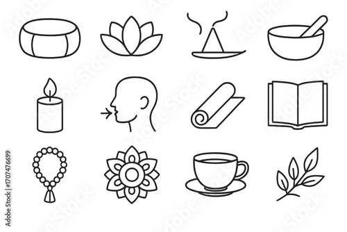 Mindfulness Gift Icons. Outline icon set of mindfulness gifts: meditation cushion, lotus flower, incense cone,