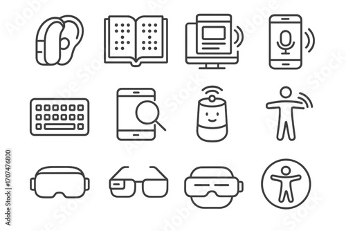 Assistive Technology Icons. Outline icon set of assistive technology: hearing aid, braille book, screen reader