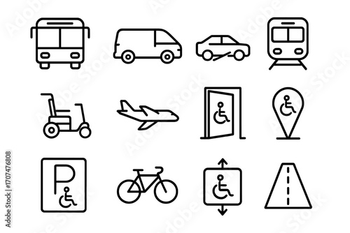 Accessible Transport Icons. Outline icon set of accessible transportation: bus, van, car with ramp, train,