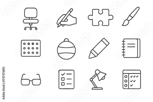 Occupational Therapy Icons. Outline icon set of occupational therapy: desk chair, writing hand, puzzle piece,