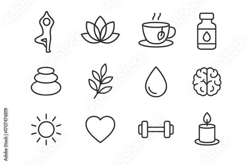 Holistic Wellness Icons. Outline icon set of holistic wellness: yoga pose, meditation symbol, herbal tea,
