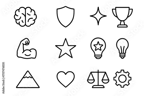 Mental Strength Icons. Outline icon set of mental strength: brain icon, shield, spark, strong arm, star,