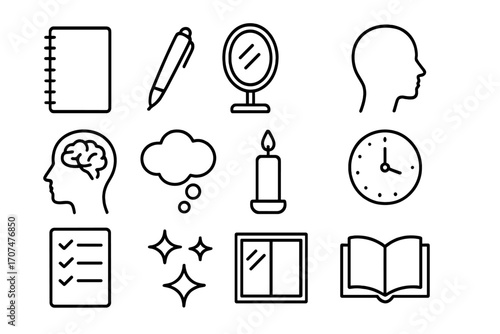 Self-Reflection Icon Set. Outline icon set of self-reflection: notebook, pen, mirror, head profile, brain icon