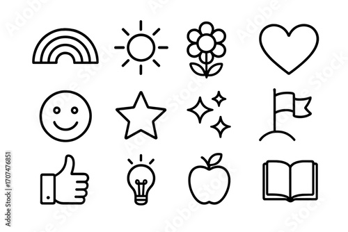 Optimism Icon Set. Outline icon set of optimism: rainbow, sun, flower, heart, smiley face, star, sparkles,