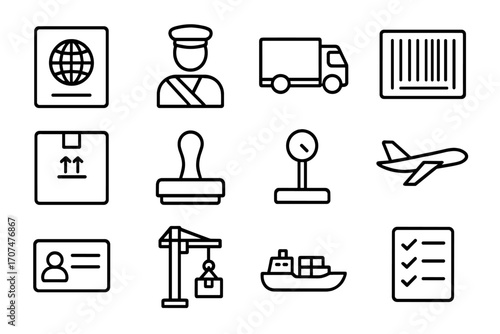Customs Icon Set. Outline icon set of customs and borders: passport, customs officer, cargo truck, barcode,