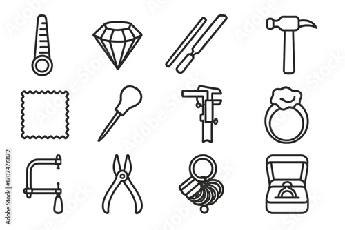 Handmade Jewelry Tools. Outline icon set of handmade rings: ring mandrel, gemstone, file, hammer, polishing