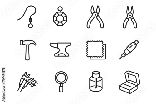 Earrings Crafting Icons. Outline icon set of earrings crafting: ear hook, gemstone bead, wire cutter, pliers,