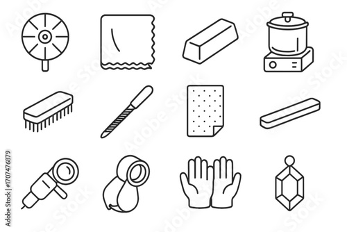 Polishing Tool Icons. Outline icon set of polishing and finishing: polishing wheel, cloth, compound bar,