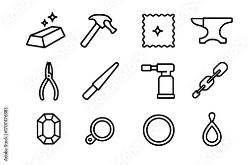 Silver Jewelry Tools Icons. Outline icon set of silver jewelry projects: silver ingot, hammer, polishing cloth
